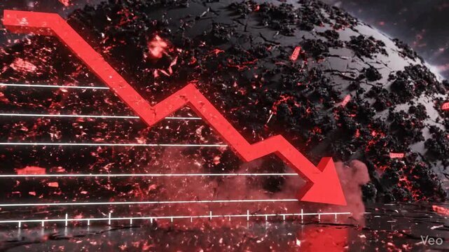 Dramatic Financial Crisis Illustration Featuring a Red Stock Market Arrow Graph Plummeting Downward Symbolizing Economic Recession and Global Deficit on a Dark Abstract Textured Background