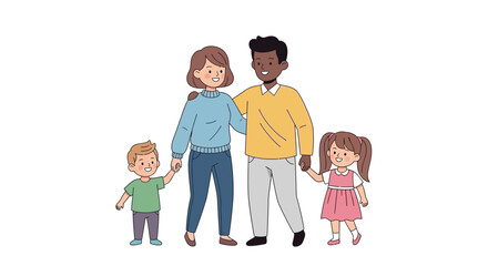 A diverse family of four stands closely together smiling warmly © Vactor media 