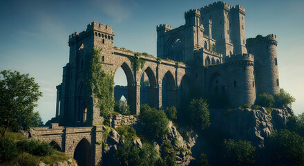 Obraz premium A dramatic view of a weathered ancient castle ruin stands majestically on a hillside high quality