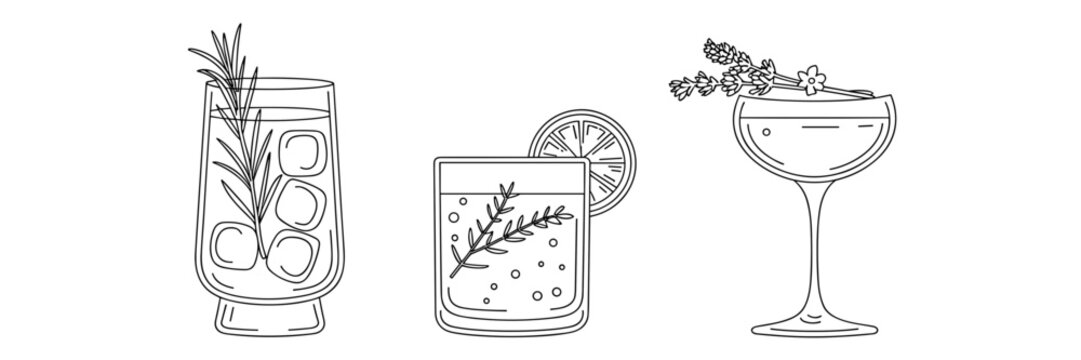 Minimalist herbal cocktail line art icons &ndash; Perfect for modern bar menus, restaurant branding, or mixology blog content.