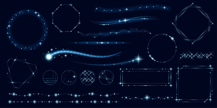 キラキラ流れ星の青いサイバー光彩フレームセット