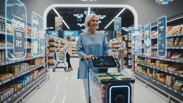 Smart shopping cart and delivery drones in futuristic supermarket