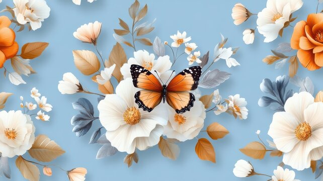 Playful pattern with butterfly flitting amongst wildflowers and leaves.