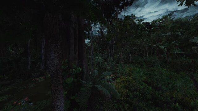 twilight bog passage with narrow water channel and shadowed trees, clouded sky and damp vegetation creating cinematic gloom scene implies cautious crossing