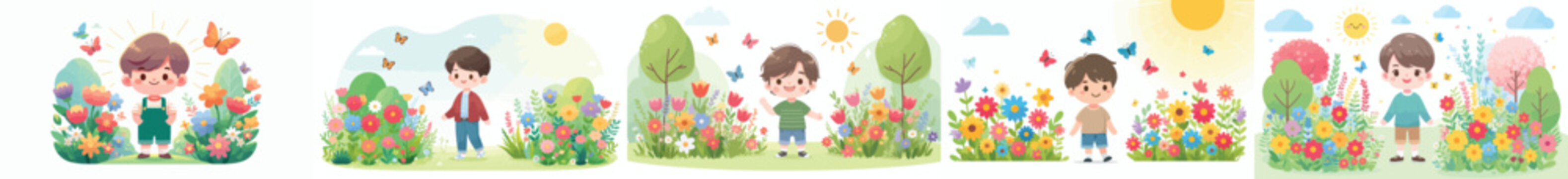 vector of a little boy standing happily with a background of blooming flowers