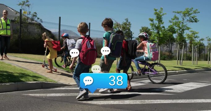 Blue bubble appearing near feet, count rising while students crossing toward school, adult watching