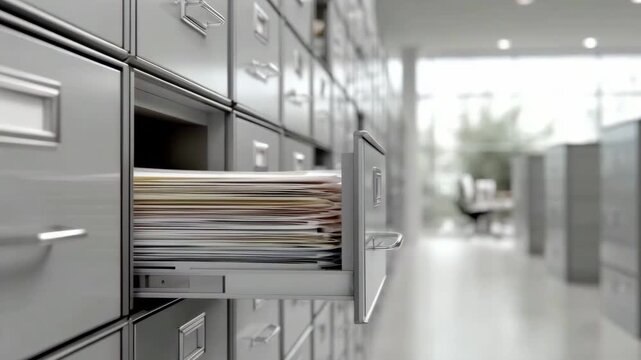 Files and business papers are stored in a cabinet in a modern office. Organization, documentation, and administrative paperwork
