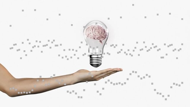 Single arm showing palm, receiving falling bulb with brain, squares overlaying arm for tech idea