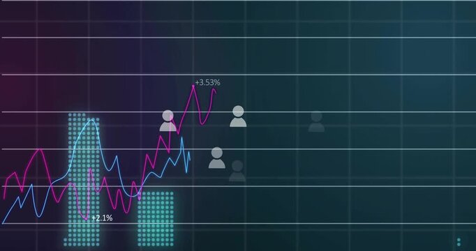 Magenta scribble starting chart grid, lines drawing, bars rising, icons indicating finance trends