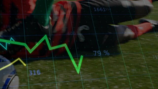 Green player holding ball for control as rival sliding in, knocking ball loose, sports data tracing