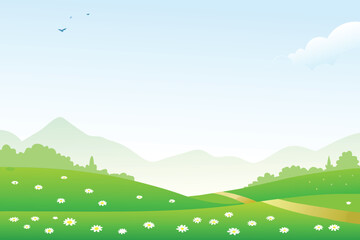 Fototapeta premium A serene landscape features rolling green hills and a blue sky