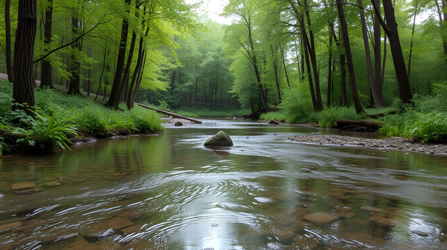Serene forest stream.  Tranquil, crystal-clear waters reflecting lush green forest canopy.  Calm, peaceful scene