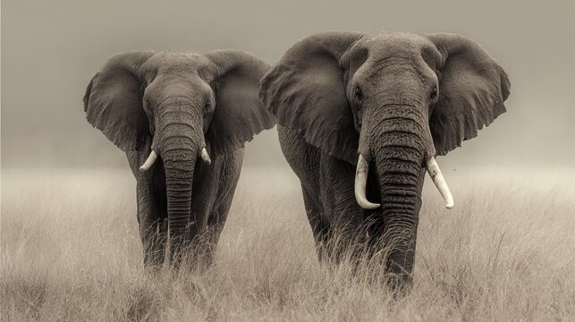 Two African elephants walking together in savannah with tusks and large ears