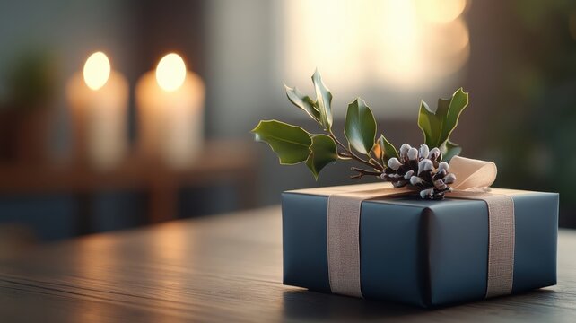 Partially unwrapped gift with black paper and mistletoe, illuminated by candlelight.