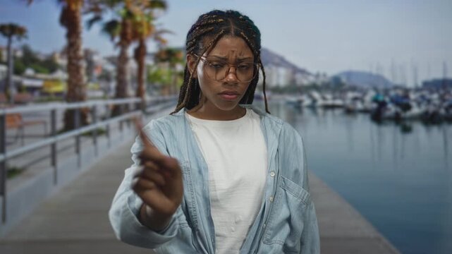 Woman points finger to boats on a street pier beside a marina walkway while wearing glasses and denim shirt; hesitant concern.