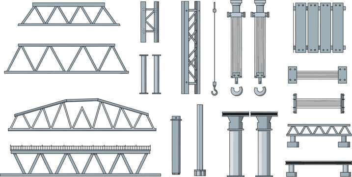Steel Construction Structure Vector Illustration Set with Truss Beams, Columns, Metal Frames, Industrial Elements, and Engineering Building Components Collection