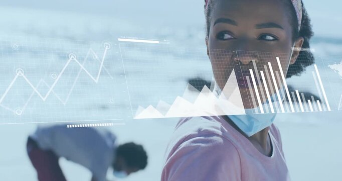 Woman adjusting mask beach, starting charts sweeping face while man picking litter for eco survey