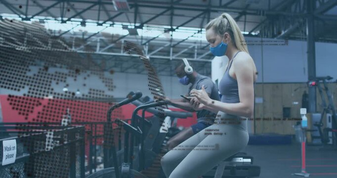 Woman tapping smartphone, tracking workout while pedaling in gym, dotted map overlay drifting left