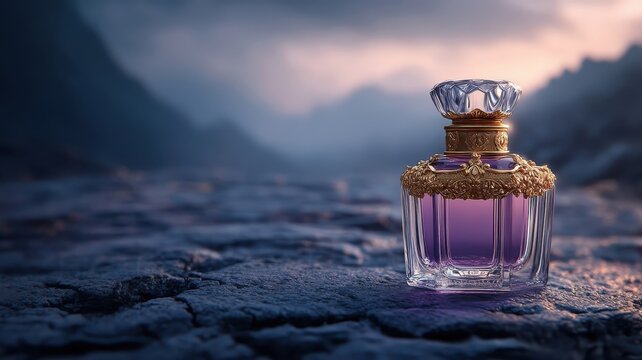 Antique perfume bottle with purple elixir on cracked stone, illuminated by moonlight.