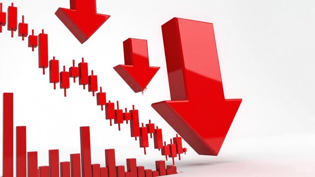 Vibrant red downward arrow illustrating financial stock market crash and economic decline on clean white background symbolizing negative growth, bearish trend, and global fiscal crisis vector.