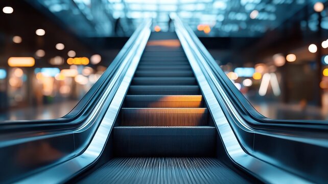 Empty escalator ascending into blurred lights of mall atrium.