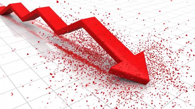 Red downward arrow symbol representing financial market crash bankruptcy and economic decrease on isolated white background for stock trading business application and web interface graphic design