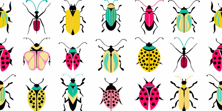 A colorful pattern of stylized beetles and insect illustrations