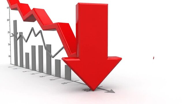 Red Dimensional Falling Arrow Symbolizing Global Stock Market Crash Financial Bankruptcy Recession Crisis and Negative Economic Downtrend Graphic Element Isolated on Pure White Background