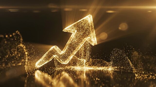A glowing golden arrow chart symbolizing financial growth and success, emerging from particles.