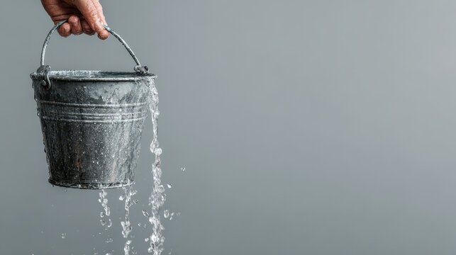 Vibrant photo of Hand holding an old galvanized metal bucket leaking water on gray background
