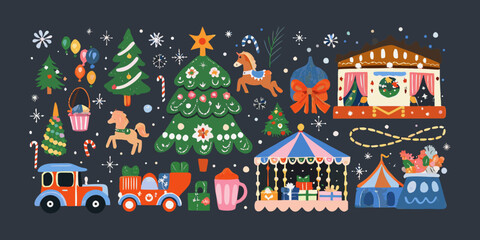 Obraz premium Festive christmas scene with trees toys and a charming winter market