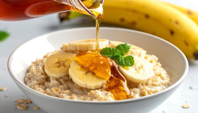 Close-up of oatmeal in white bowl, topped with banana slices and mint, being drizzled with a golden syrup. Two whole bananas visible