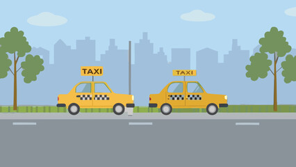 Yellow taxis drive along a city street with a skyline view © MAYENUDDIN