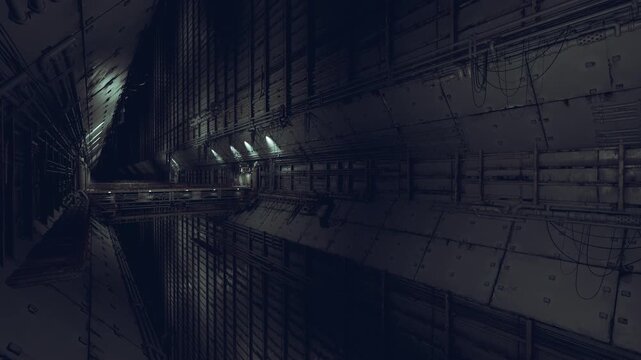 gleaming futuristic spacecraft corridor with illuminated panels, reflective hull plating, narrow aisle and maintenance drone performing hull survey