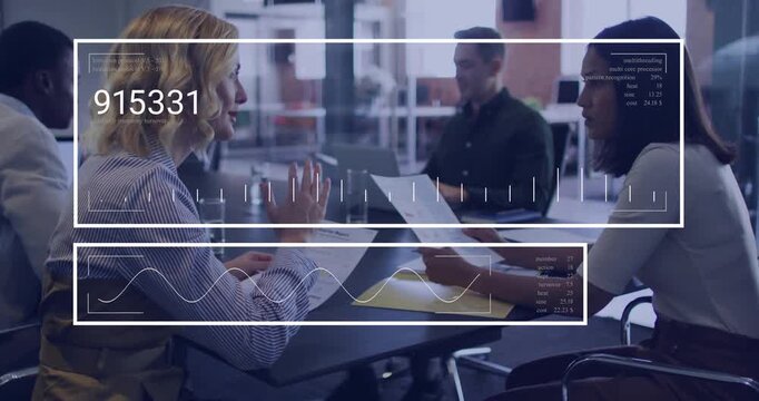 Two women comparing reports while HUD appearing after office pass, animating counters for review