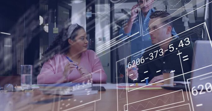 Woman asking question man explaining pointing HUD charts highlighting business data for decisions