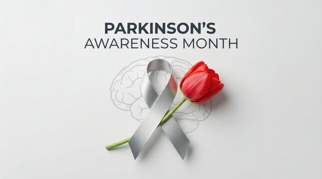 Parkinson&rsquo;s awareness month concept with silver ribbon and red tulip over brain outline on white background. Medical campaign banner