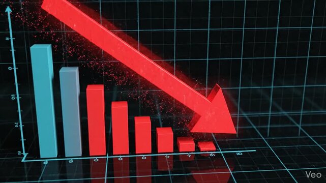 Animated red arrow plunging downward on a grid background symbolizing a financial market crash, corporate failure, negative business growth, economic recession, and fiscal crisis data.
