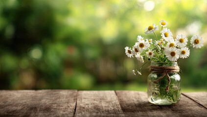 Fototapeta premium A Jar of Daisies on a Rustic Wooden Table with a Blurred Green Background.