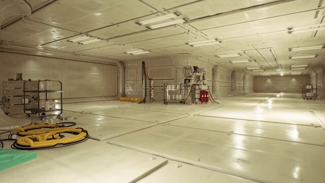 bright sterilized corridor with safety gear and fire cans, emergency preparedness feel, clinical lighting, polished floor reflecting equipment