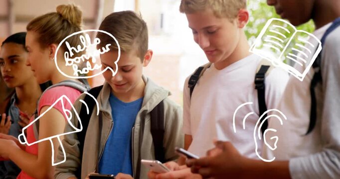 Students at school tapping phones, causing speech doodles appearing above screens, showing learning