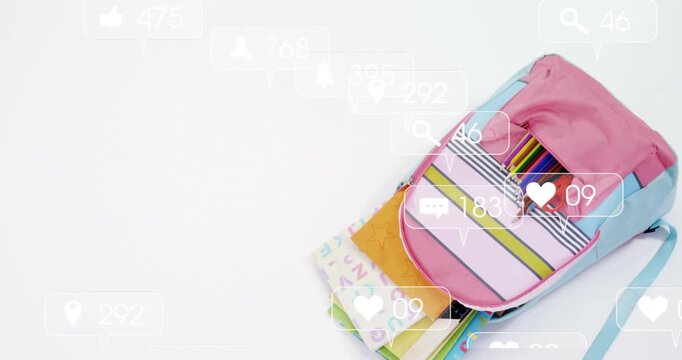 When corner appearing, pink-blue backpack sliding, pocket opening, alerts rising showing engagement