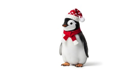 Fototapeta premium A cheerful cartoon penguin wearing a festive red and white winter hat and scarf