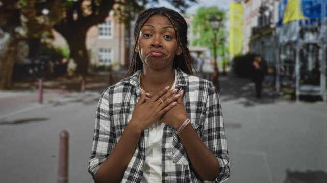 African american woman with hands open palms up on a street and hand to chest in a surprised apologetic gesture; surprise apology.
