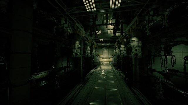 narrow underground service corridor with damp floor and heavy pipework, low ceiling lined with service rigs and hanging connectors, muted green light and wet