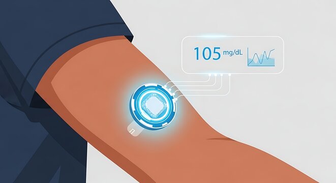 Innovative wearable biosensor for real-time blood glucose monitoring on a human arm, showcasing futuristic health technology