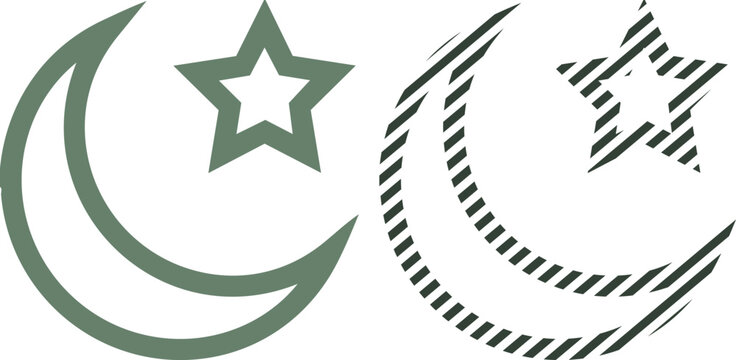 Vector crescent moon and star symbol in solid and sketch styles for islamic culture with line art