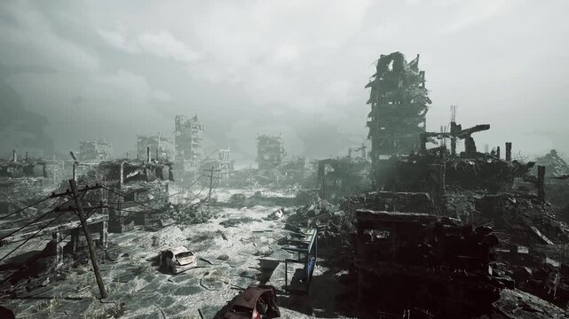 foggy avenue lined with broken poles and distant ruined towers, wet reflective ground and muted light creating eerie emptiness telephone lines droop