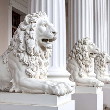 Close-up of three white stone lion statues guarding the entrance of a classical building, columns visible