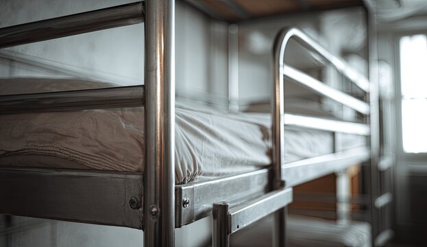 Close up of a metal bunk bed with a mattress and safety rail.